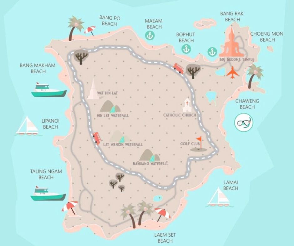 Mapa con las Playas de Koh Samui.
