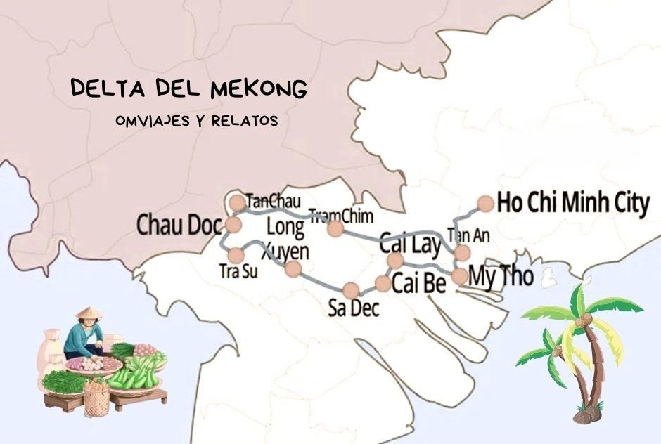 Mapa de los lugares para visitar en el Delta Mekong Vietnam