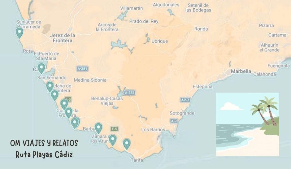 Mapa de nuestra ruta por las mejores Playas de Cádiz