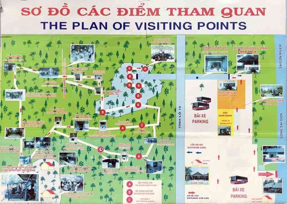 Mapa turístico con los puntos de interés para visitar en los Túneles de Cuchi, incluyendo entradas, trampas y zonas subterráneas.