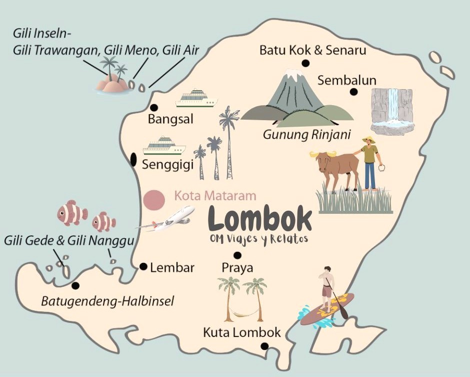 Mapa de las cosas que ver en Lombok Indonesia