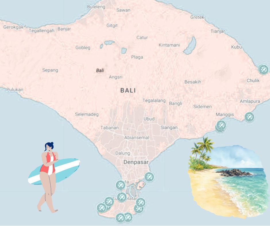 Mapa con las mejores playas de Bali para bañarse, surfear y hacer snorkel.