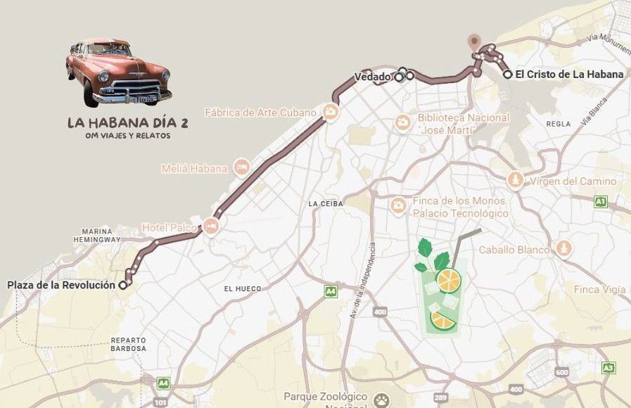 Mapa de que ver en La Habana en 2 días, ruta del día 2