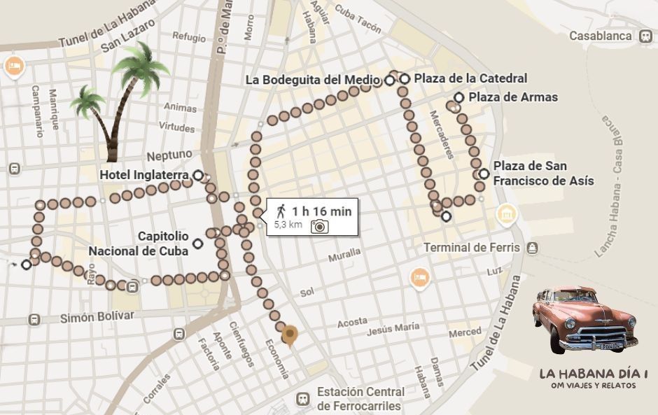 Qué ver en La Habana en 2 días: Mapa con nuestro itinerario del día 1