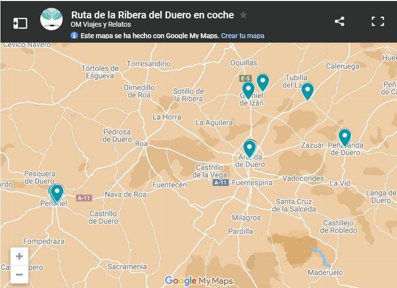 mapa-google-ruta-de-la-Ribera-del-Duero-en-coche