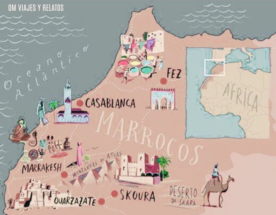 Mapa turístico de Marruecos y el itinerario de la excursión al Desierto de Merzouga en el Sahara.