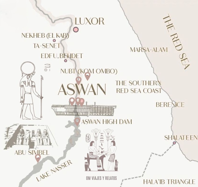 mapa de los lugares imprescindibles que ver en Aswan