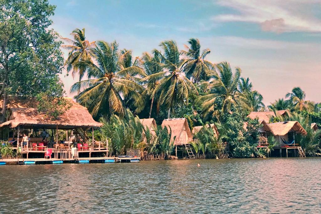 Cabañas junto al río en Kampot rodeadas de palmeras, una buena idea en tus consejos para viajar a Camboya sobre dónde alojarse.