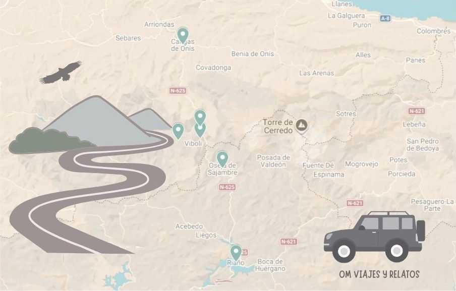 Mapa de la ruta en coche por los Picos de Europa