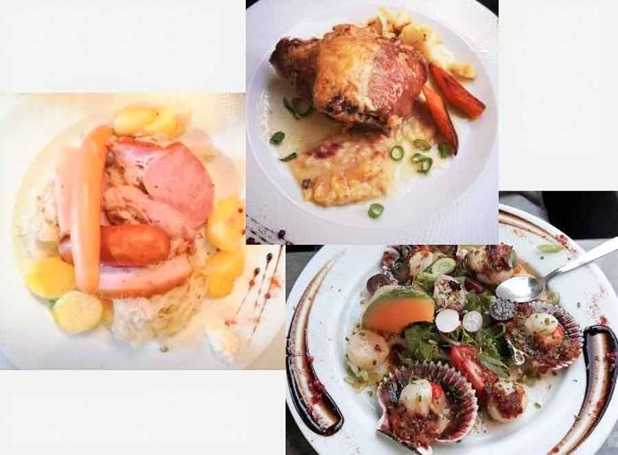 Collage de platos típicos alsacianos con choucroute, pollo asado y vieiras, varias opciones sabrosas si buscas donde comer en Colmar.