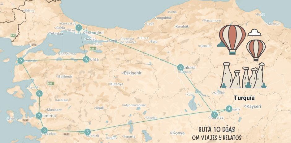 Mapa de las rutas por Turquia en 10 días