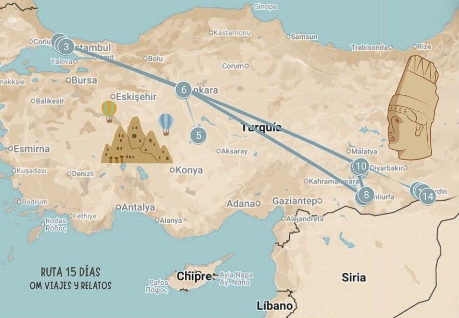 Mapa de las cosas que visitar en Turquía 15 días por Anatolia.