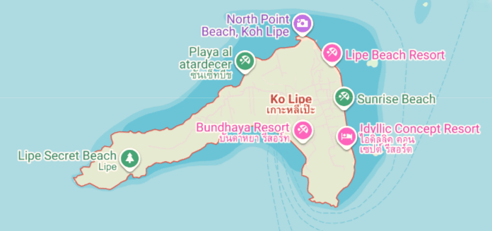 Mapa turístico de Koh Lipe con playas y puntos de interés