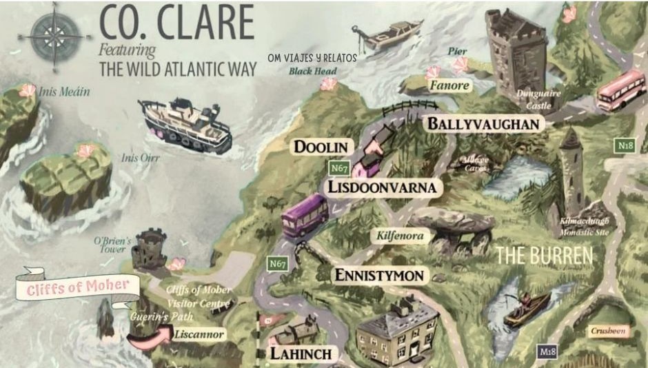 Mapa de los lugares que visitar en los Acantilados de Moher y cómo visitarlos