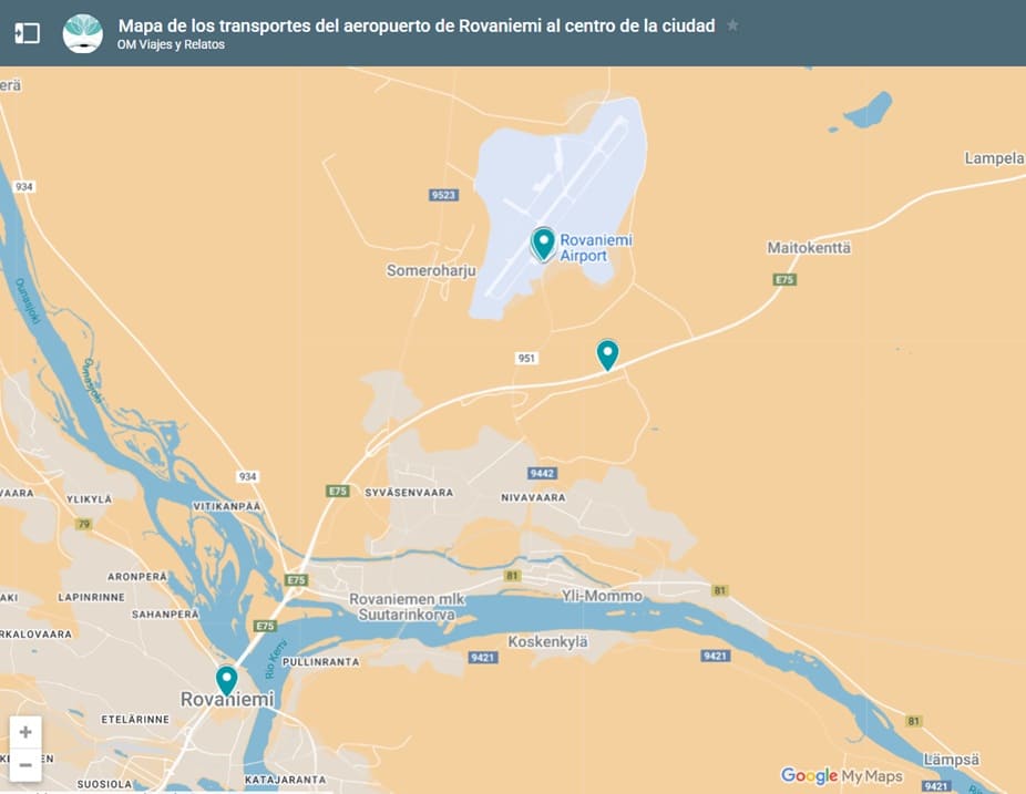 mapa-google-de-los-transportes-del-aeropuerto-de-Rovaniemi-al-centro-de-la-ciudad