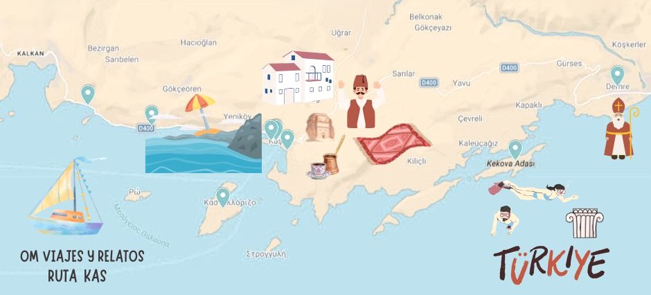 Mapa turístico de imprescindibles en Kas, Turquia.