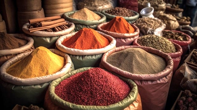 Puestos de especias de colores en un zoco de Marrakech, perfecto para viajar a Marrakech por libre.