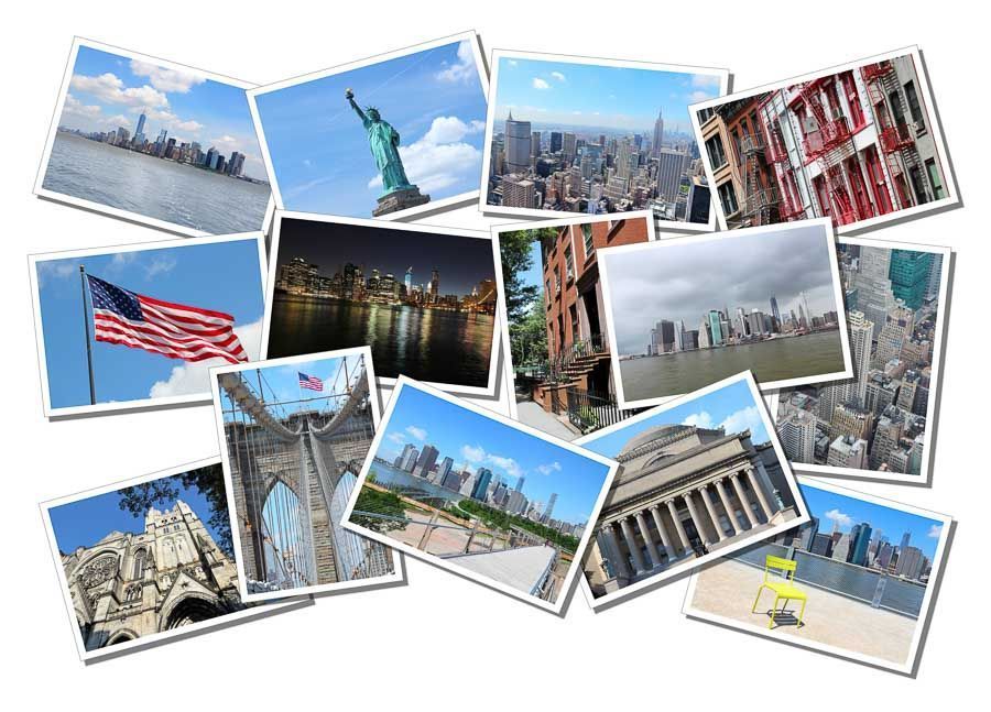 Collage de fotos de Nueva York y Estados Unidos, una imagen viajera para explicar como tener internet en Estados Unidos.