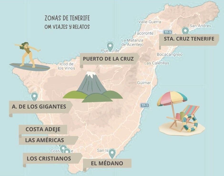 Mapa mejores zonas donde alojarse en Tenerife de vacaciones