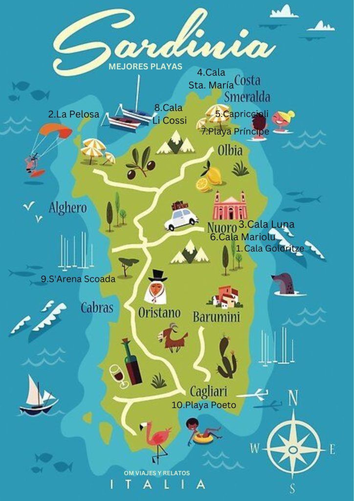 Mapa turístico con las mejores playas de Cerdeña, italia
