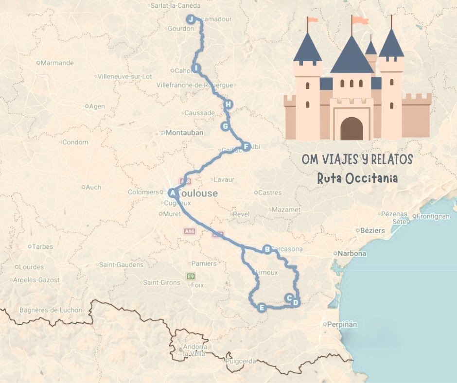 Mapa de nuestra ruta por Occitania en coche en el sur de Francia