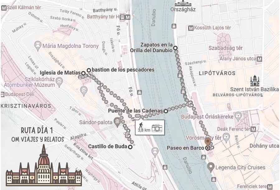 Mapa día 1 de las cosas que ver en Budapest en 3 dias