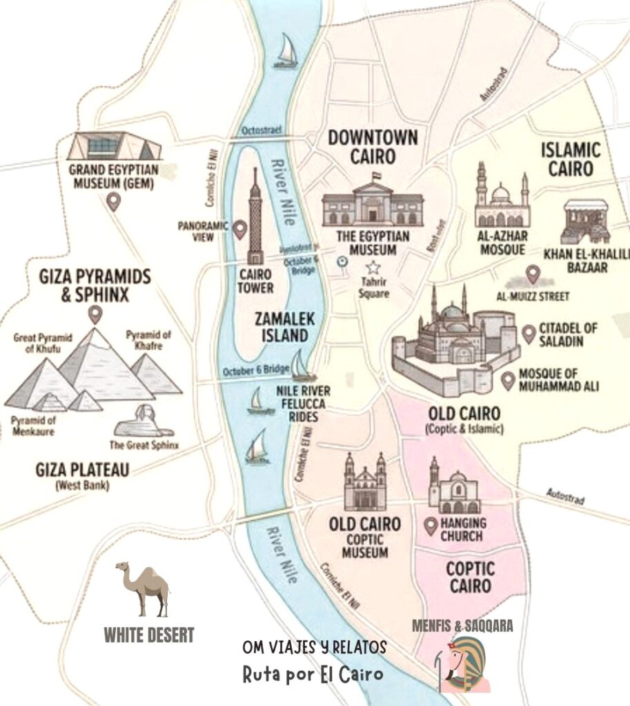 Mapa turistico de las cosas que ver en El Cairo y alrededores