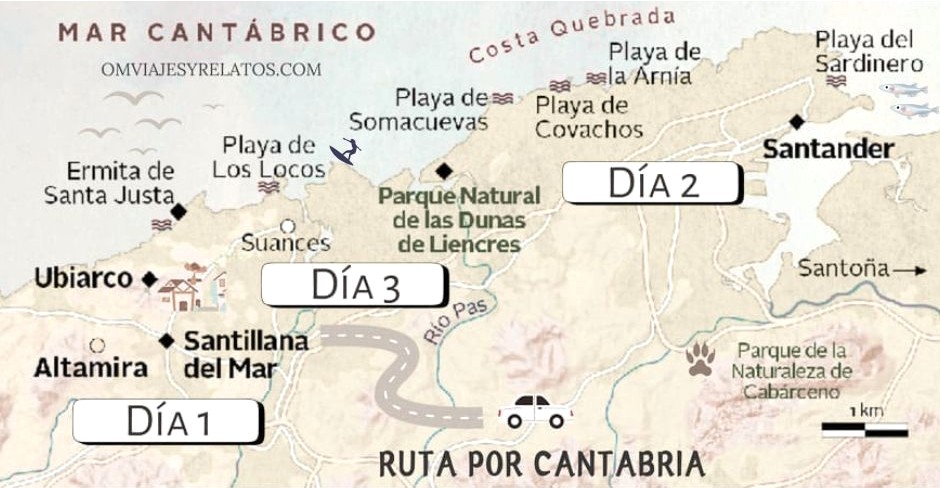 mapa de las cosas que ver en Cantabria en 3 días y ruta dia a dia