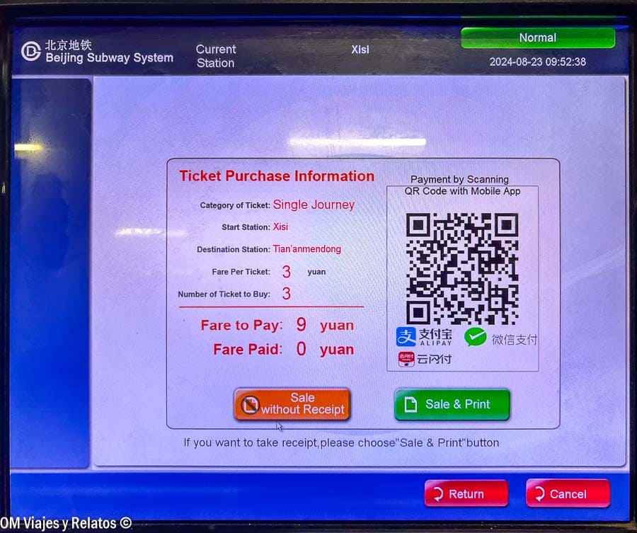 Pantalla de compra de billetes del metro de Pekín con pago por QR (Alipay/WeChat), ejemplo práctico de como pagar en China en transporte público.