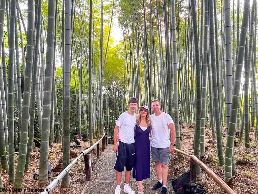 Foto familiar de OM Viajes y Relatos paseando por un bosque de bambú en Japón, consejos para viajar a Japón por libre: elegir horarios tranquilos y llevar calzado cómodo.