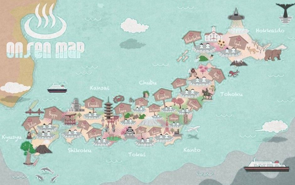 Mapa de los lugares con aguas termales en Japón