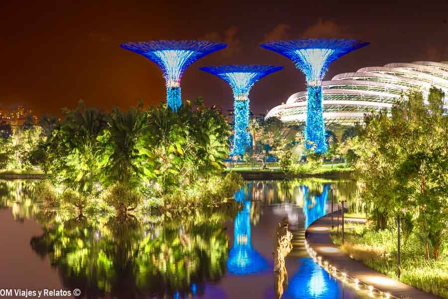 Gardens by the Bay de noche con los Supertrees iluminados, una imagen ideal para ilustrar internet en Singapur.