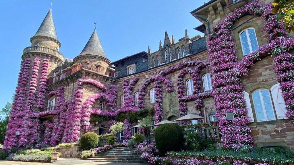 Fachada del castillo-hotel Château Castel Novel en Brive, Francia, cubierto de flores rosas en verano.