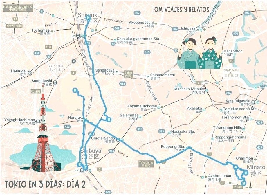 Mapa de qué ver en Tokio en 3 días, día 2
