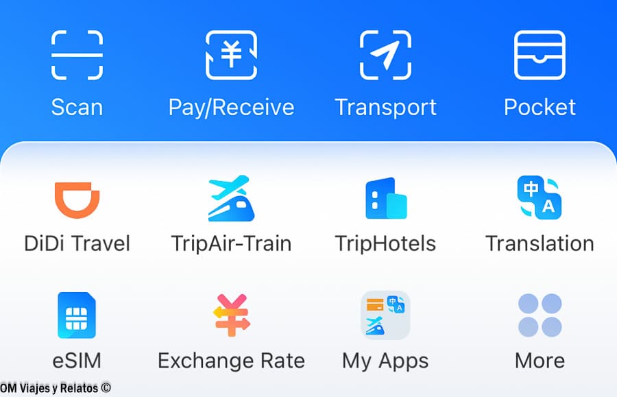 Pantalla de Alipay con accesos a Scan, Pay/Receive y Transport, funciones clave para entender como pagar en China con el móvil.