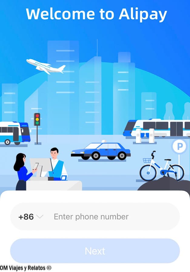 Pantalla de registro de la app Alipay para introducir el teléfono, paso inicial para entender como pagar en China con pagos móviles.
