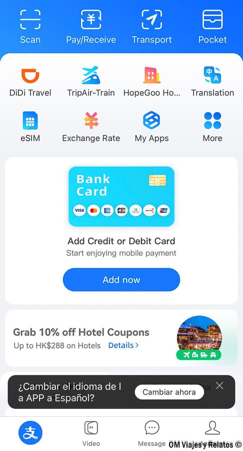 Pantalla de Alipay para añadir tarjeta bancaria y usar Scan/Pay, un paso clave sobre como pagar en China con QR y pago móvil.