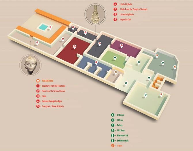 Mapa del Museo Arqueológico de Éfeso con salas temáticas y recorrido sugerido