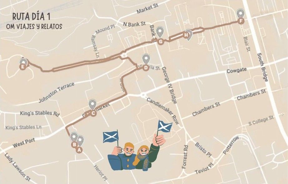 Escocia en 4 dias: mapa del itinerario del dia 1