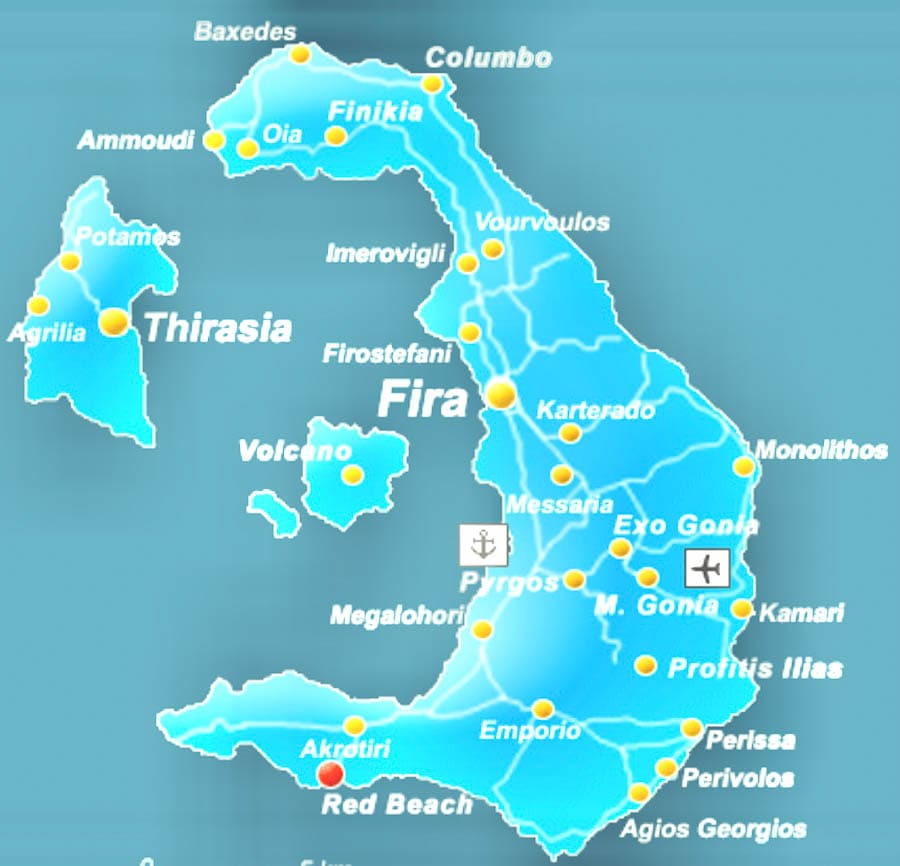 mapa ubicación Red Beach en Santorini
