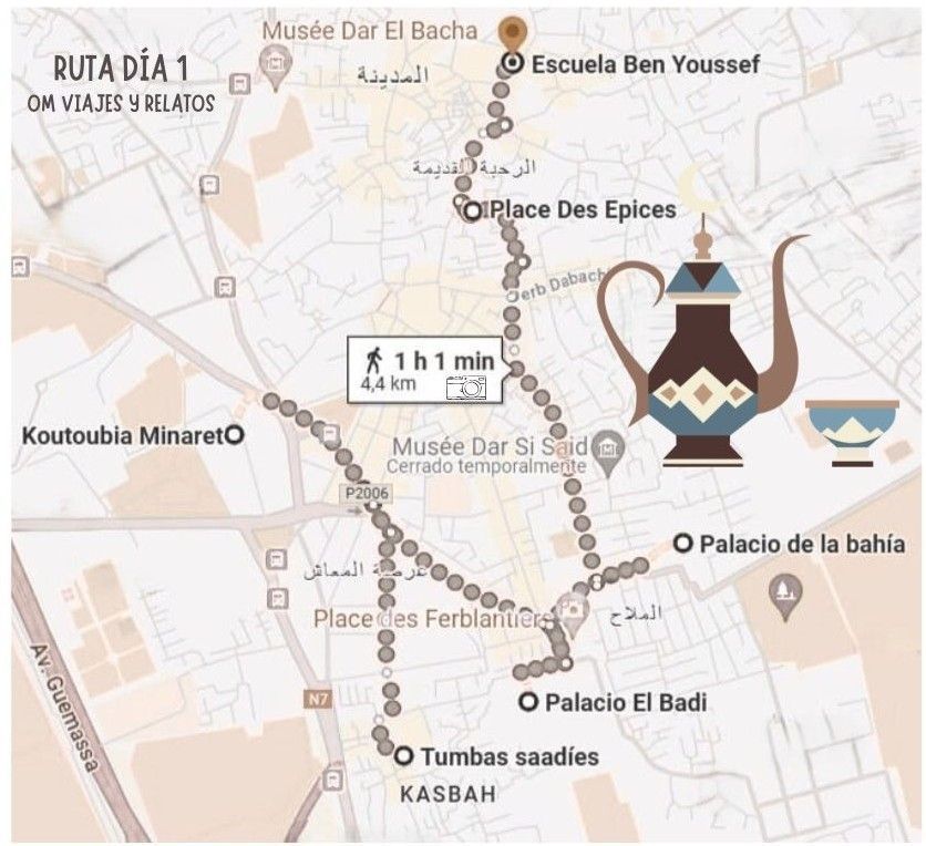 Mapa itinerario Marrakech día 1: Medina, Tumbas Saadíes, Palacio El Badi.