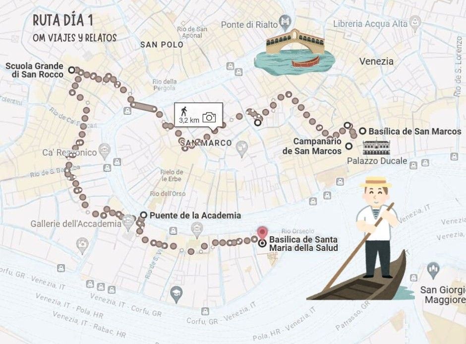 Mapa de qué ver en Venecia en 3 días, ruta día 1