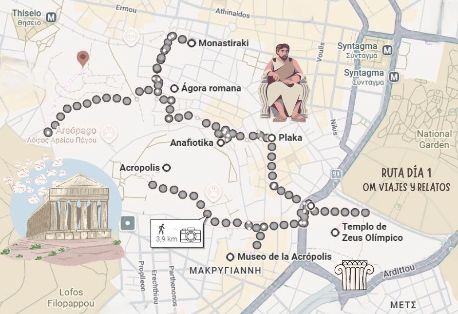 mapa de imprescindibles que ver en Atenas en 2 días, día 1