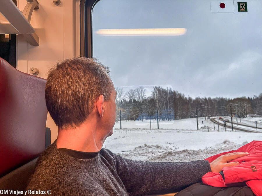 JC observando el paisaje invernal desde el tren rumbo a la capital finlandesa, inicio de la ruta de qué ver en Helsinki en un día