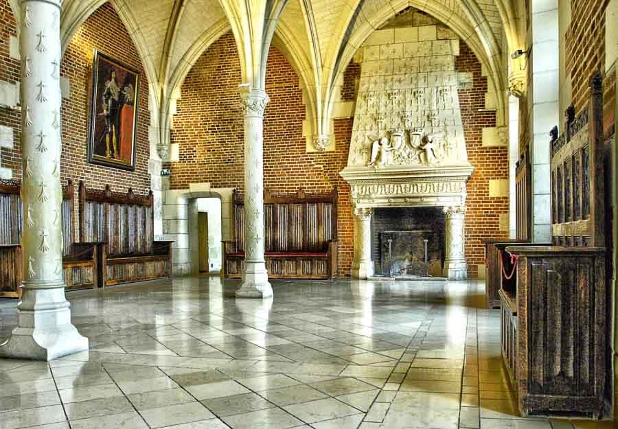 Gran salón del castillo de Amboise con su imponente chimenea renacentista, una parada destacada en una ruta por los castillos del Loira en coche.