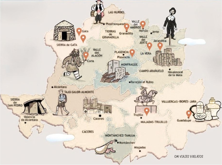 mapa de los pueblos mas bonitos de Caceres y nuestros favoritos
