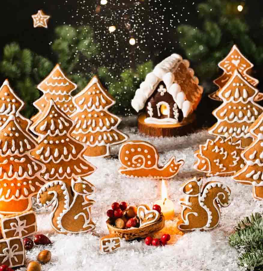 Casita y figuras navideñas de jengibre decoradas con glasa sobre nieve artificial en Helsinki en Navidad