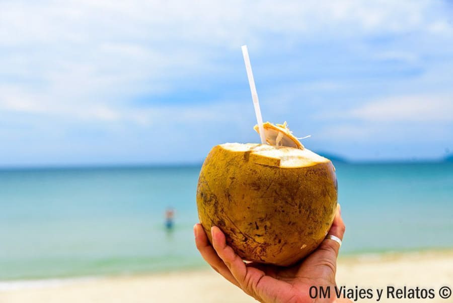 Coco frío en mi mano con pajita frente al mar, bebida típica y refrescante en las playas de Vietnam.