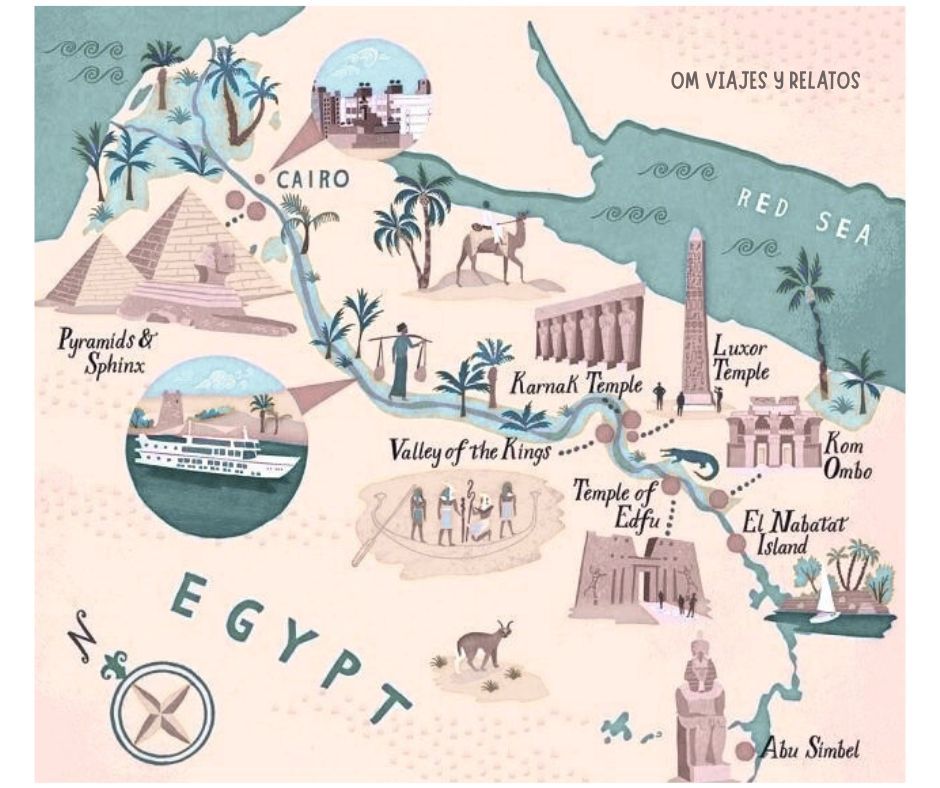Mapa turístico con los puntos de interés recomendados para viajar a Egipto