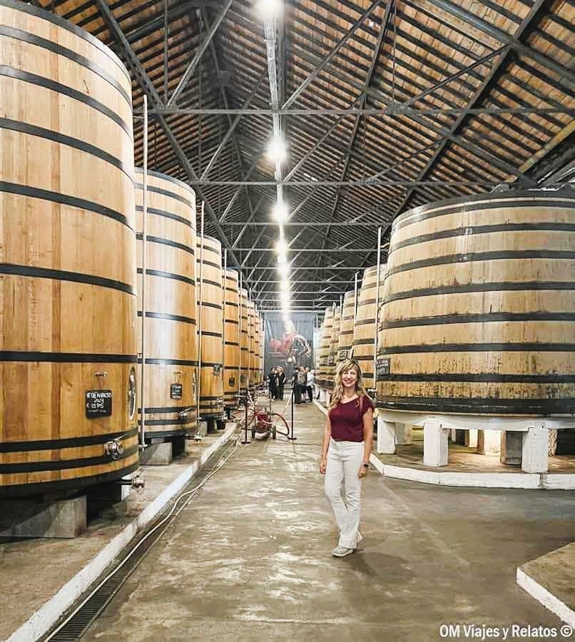 Yo en la bodega Real Companhia Velha rodeada de enormes barricas de madera, una experiencia imprescindible que ver en Oporto en 2 días.
